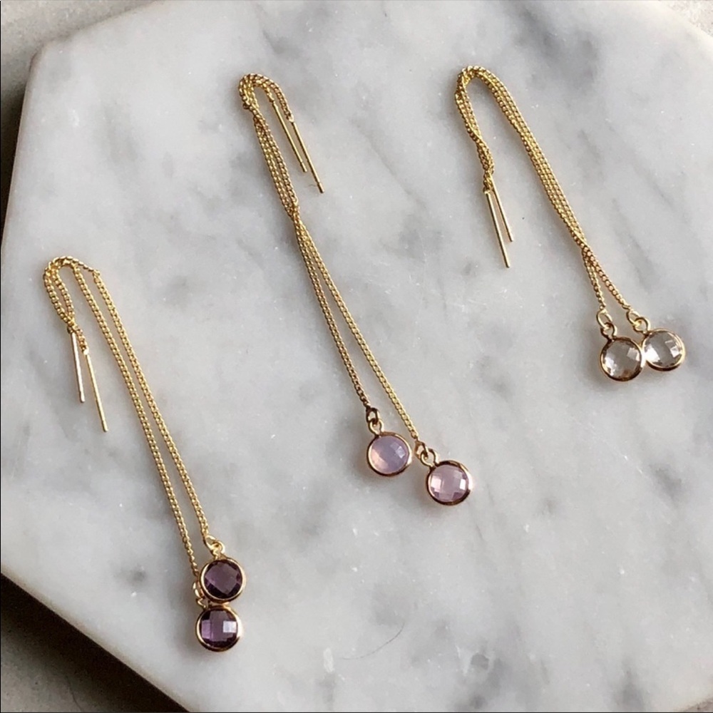 22K Gold Pink Chalcedony Threader Gemstone Earrings